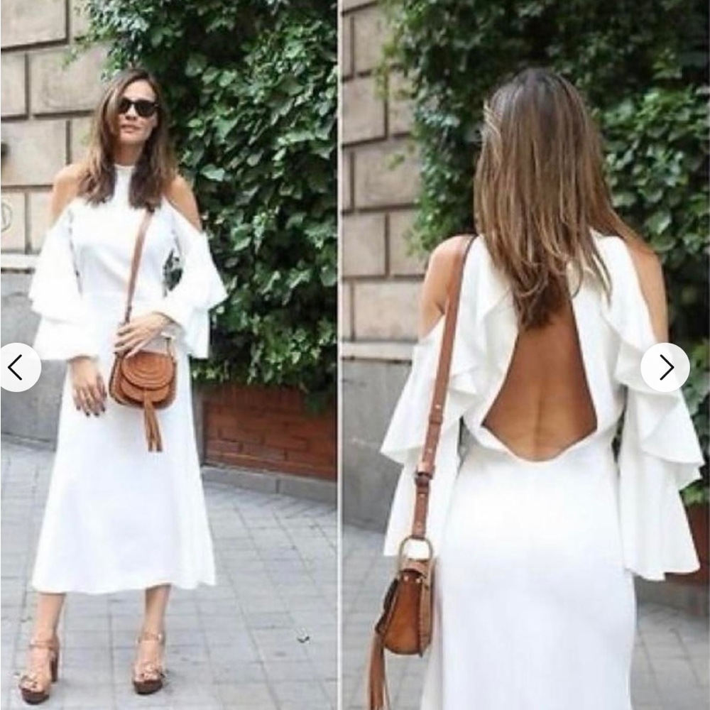Rare Design, Zara Studio White Cold Shoulder Ruffle Sleeve Backless Midi Dress